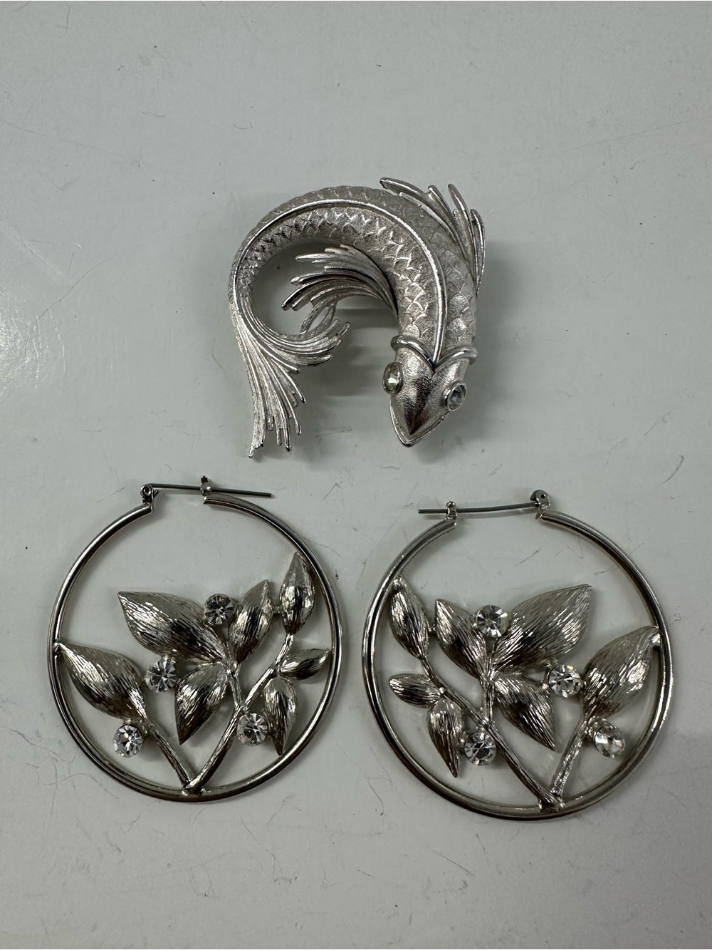 Monet Silver-Tone Koi Fish Pin with Silver Metal Loop Earrings